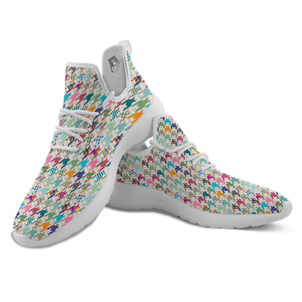 Houndstooth Colorful Plaid Print Pattern White Athletic Shoes-grizzshop