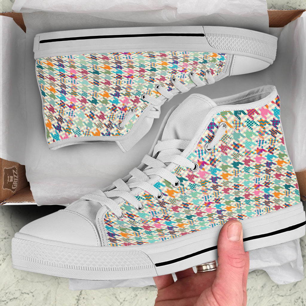 Houndstooth Colorful Plaid Print Pattern White High Top Shoes-grizzshop