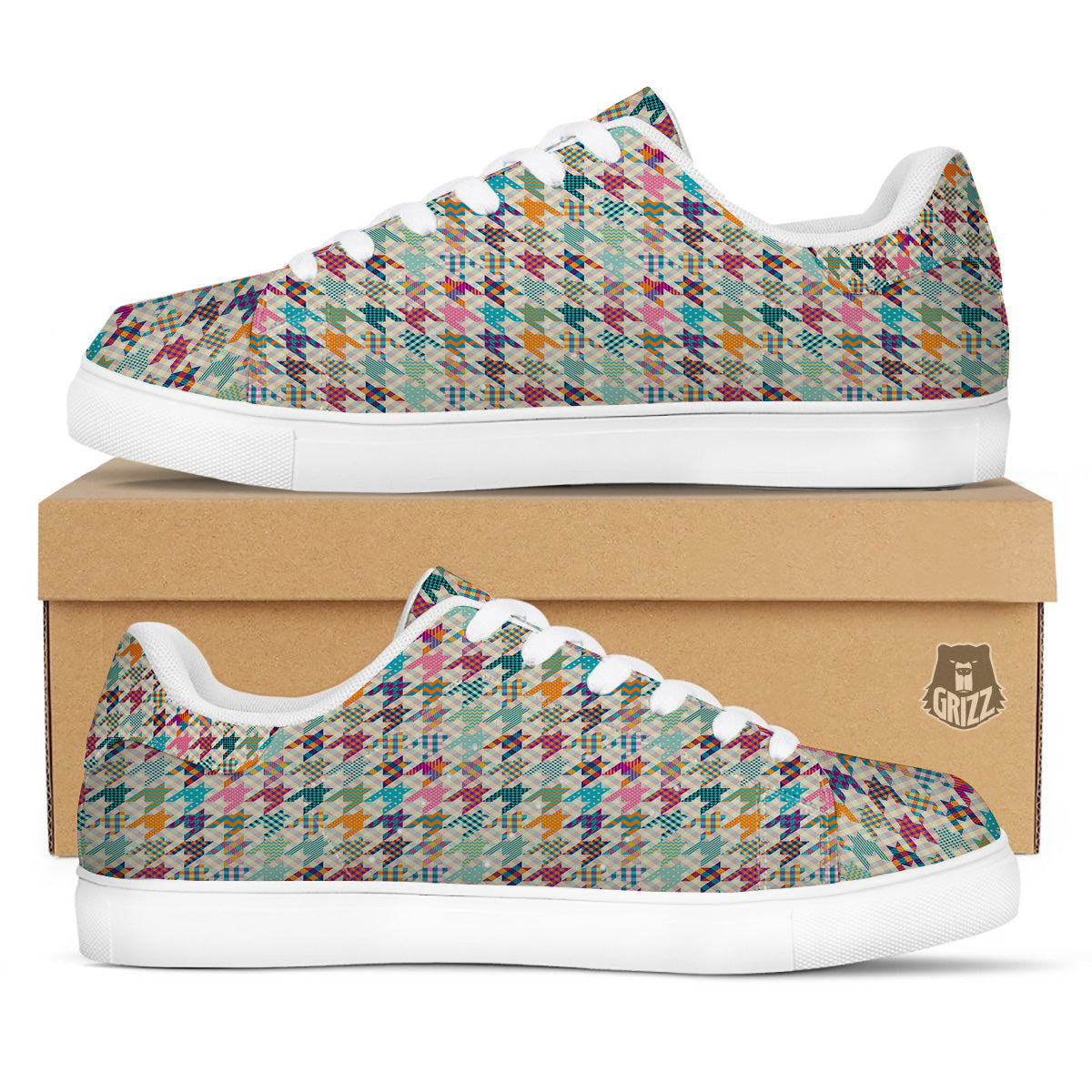 Houndstooth Colorful Plaid Print Pattern White Low Top Sneakers-grizzshop