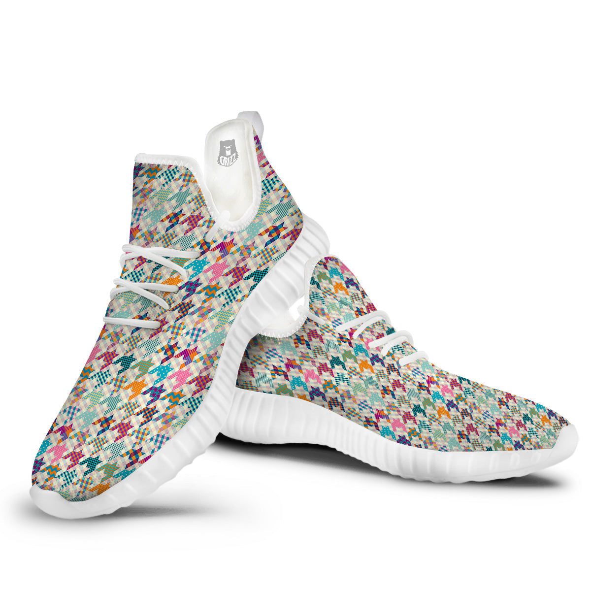 Houndstooth Colorful Plaid Print Pattern White Walking Shoes-grizzshop