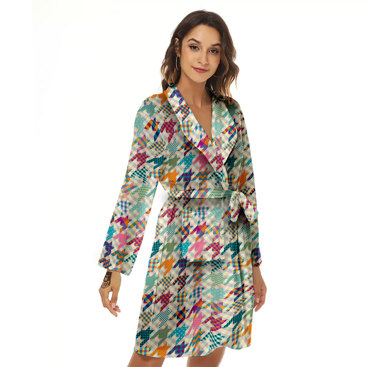 Houndstooth Colorful Plaid Print Pattern Women's Robe-grizzshop