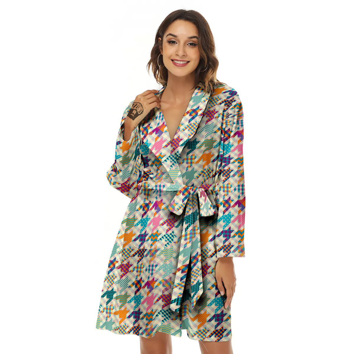 Houndstooth Colorful Plaid Print Pattern Women's Robe-grizzshop