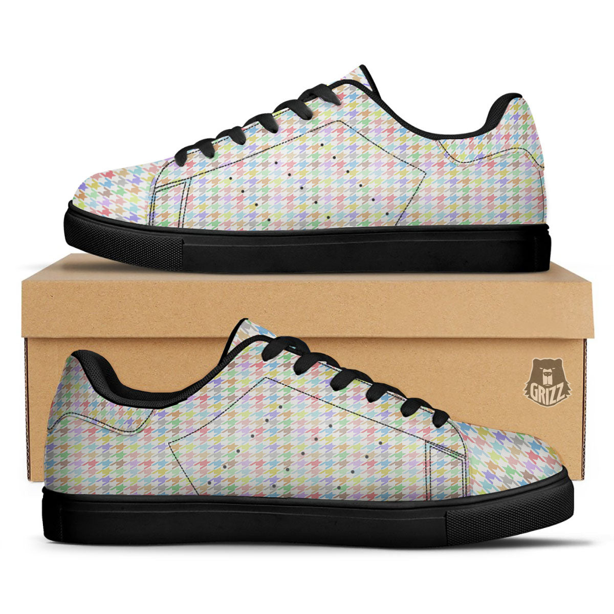 Houndstooth Colorful Print Black Low Top Sneakers-grizzshop