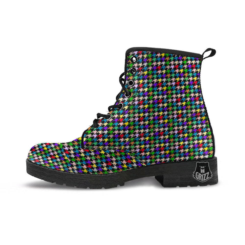 Houndstooth Colorful Print Pattern Leather Boots-grizzshop