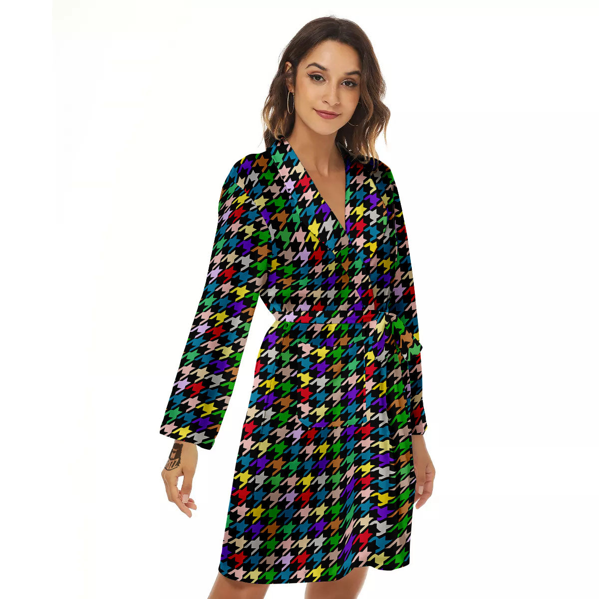 Houndstooth Colorful Print Pattern Women's Robe-grizzshop