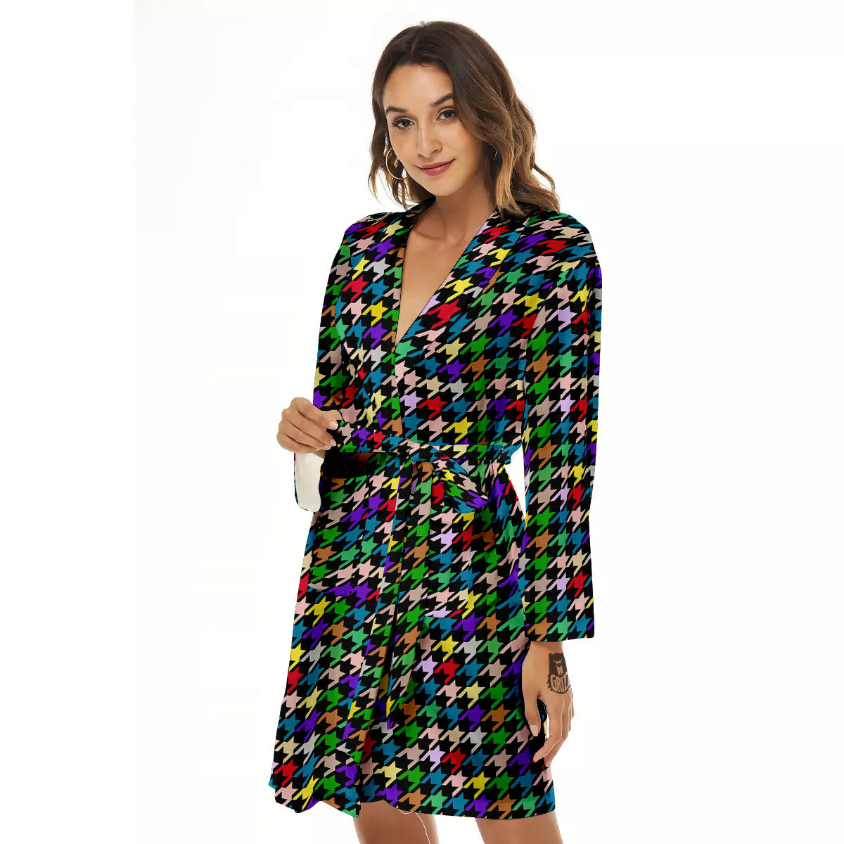 Houndstooth Colorful Print Pattern Women's Robe-grizzshop