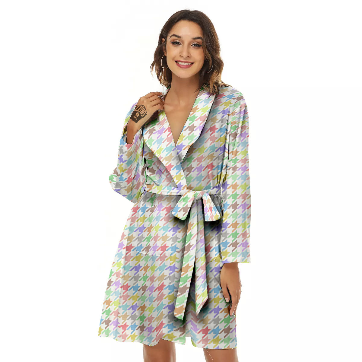 Houndstooth Colorful Print Women's Robe-grizzshop