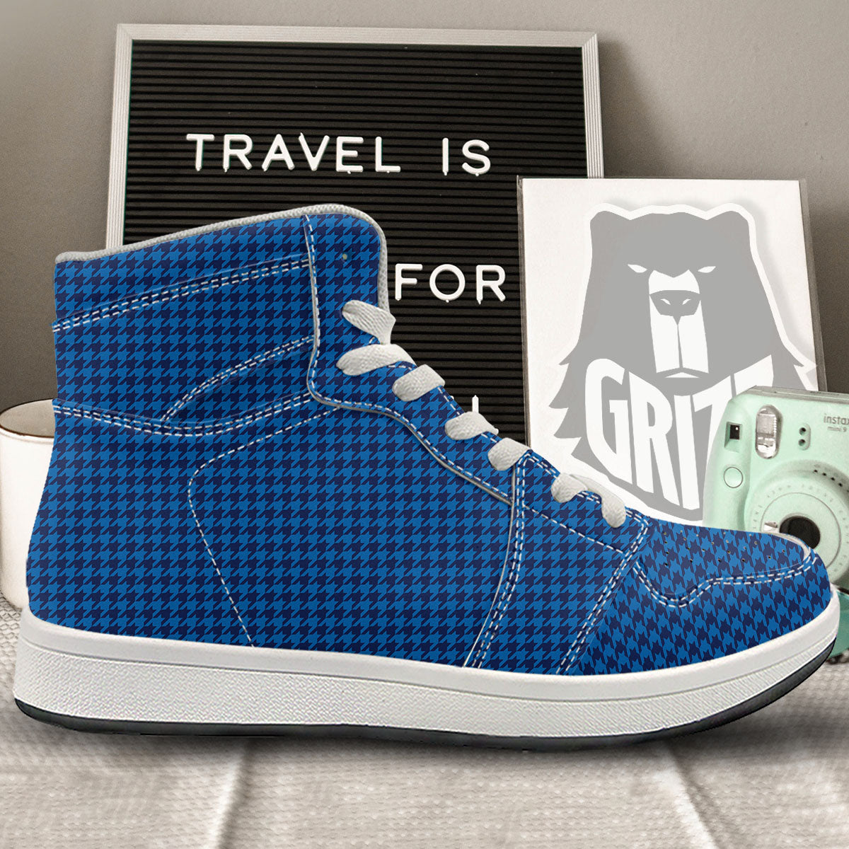 Houndstooth Deep Blue Print Pattern High Top Sneakers-grizzshop