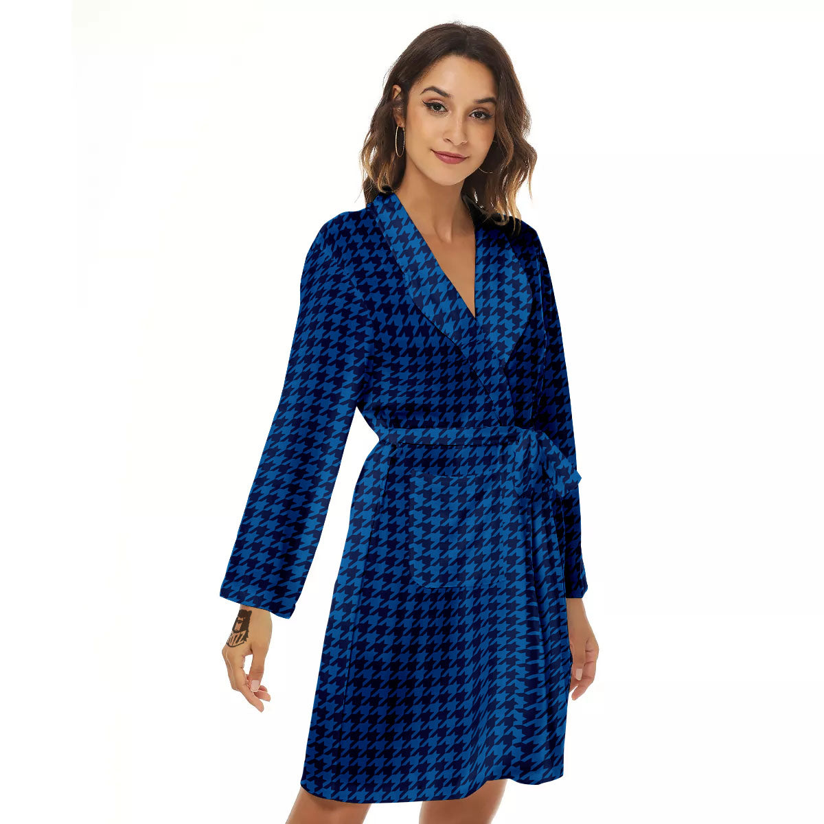 Houndstooth Deep Blue Print Pattern Women's Robe-grizzshop