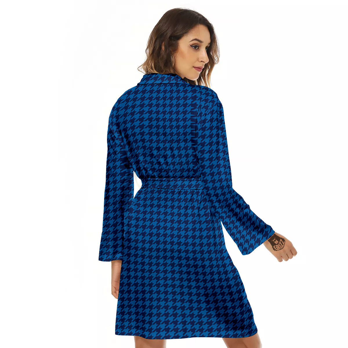 Houndstooth Deep Blue Print Pattern Women's Robe-grizzshop