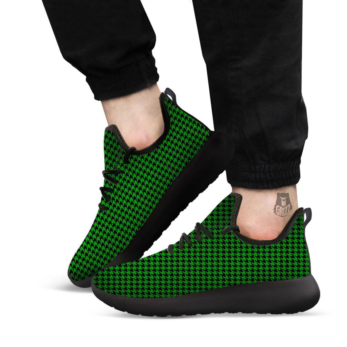 Houndstooth Deep Green Print Pattern Black Athletic Shoes-grizzshop