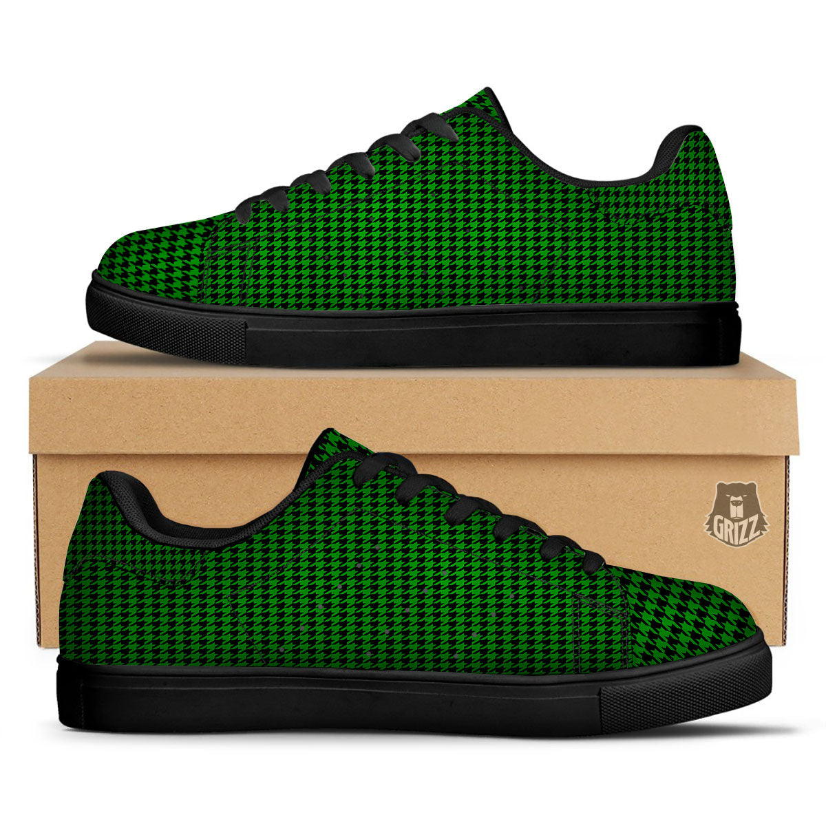 Houndstooth Deep Green Print Pattern Black Low Top Sneakers-grizzshop