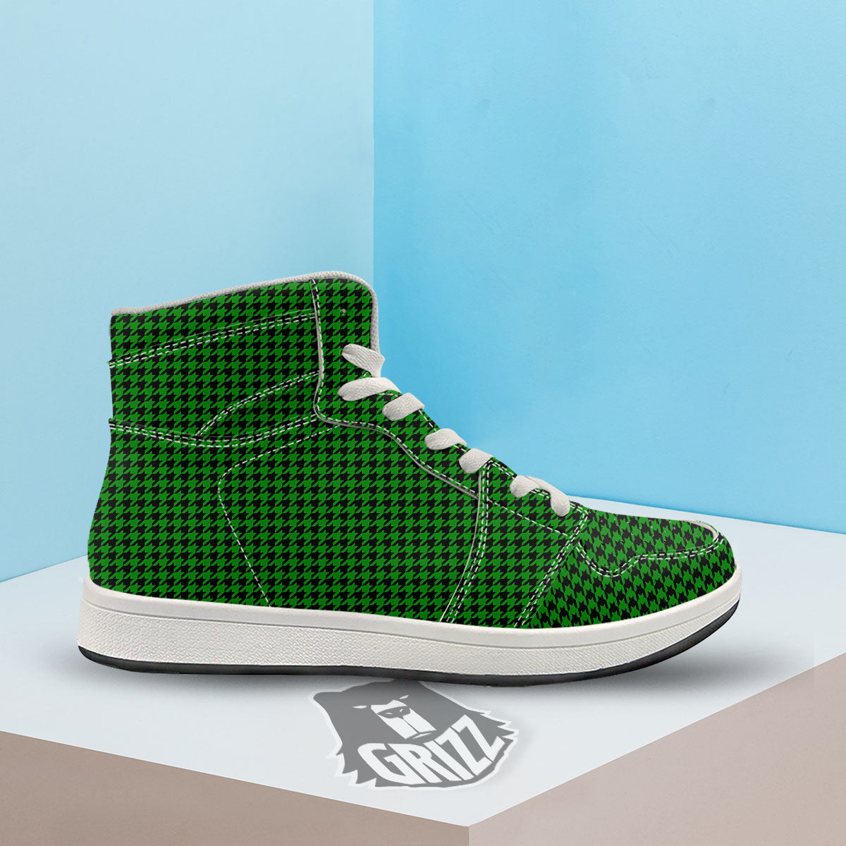 Houndstooth Deep Green Print Pattern High Top Sneakers-grizzshop