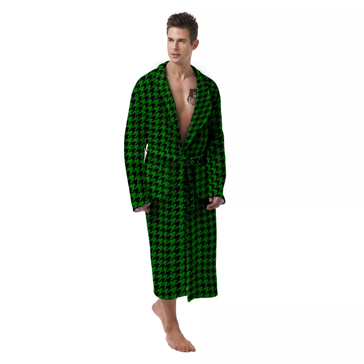 Houndstooth Deep Green Print Pattern Men's Robe-grizzshop