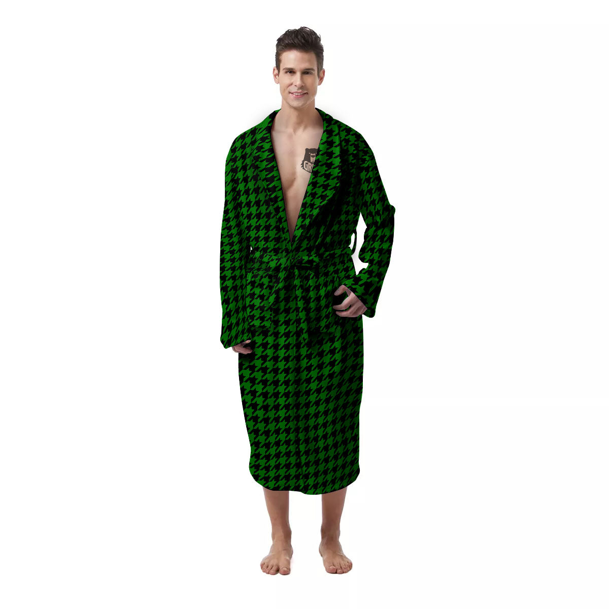 Houndstooth Deep Green Print Pattern Men's Robe-grizzshop