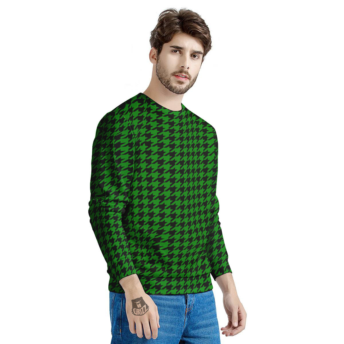 Houndstooth Deep Green Print Pattern Men's Sweatshirt-grizzshop