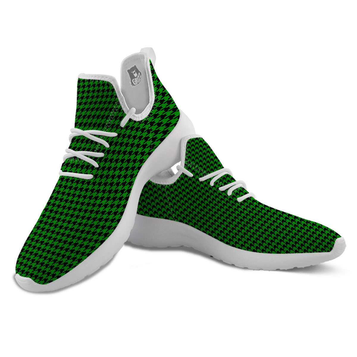 Houndstooth Deep Green Print Pattern White Athletic Shoes-grizzshop