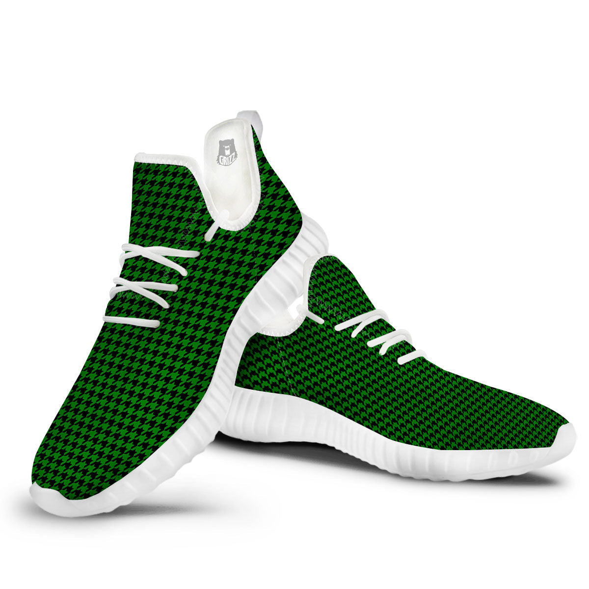Houndstooth Deep Green Print Pattern White Walking Shoes-grizzshop