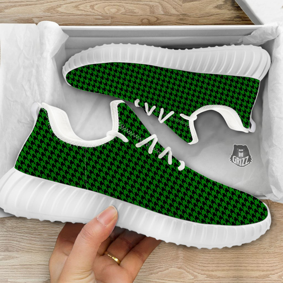 Houndstooth Deep Green Print Pattern White Walking Shoes-grizzshop