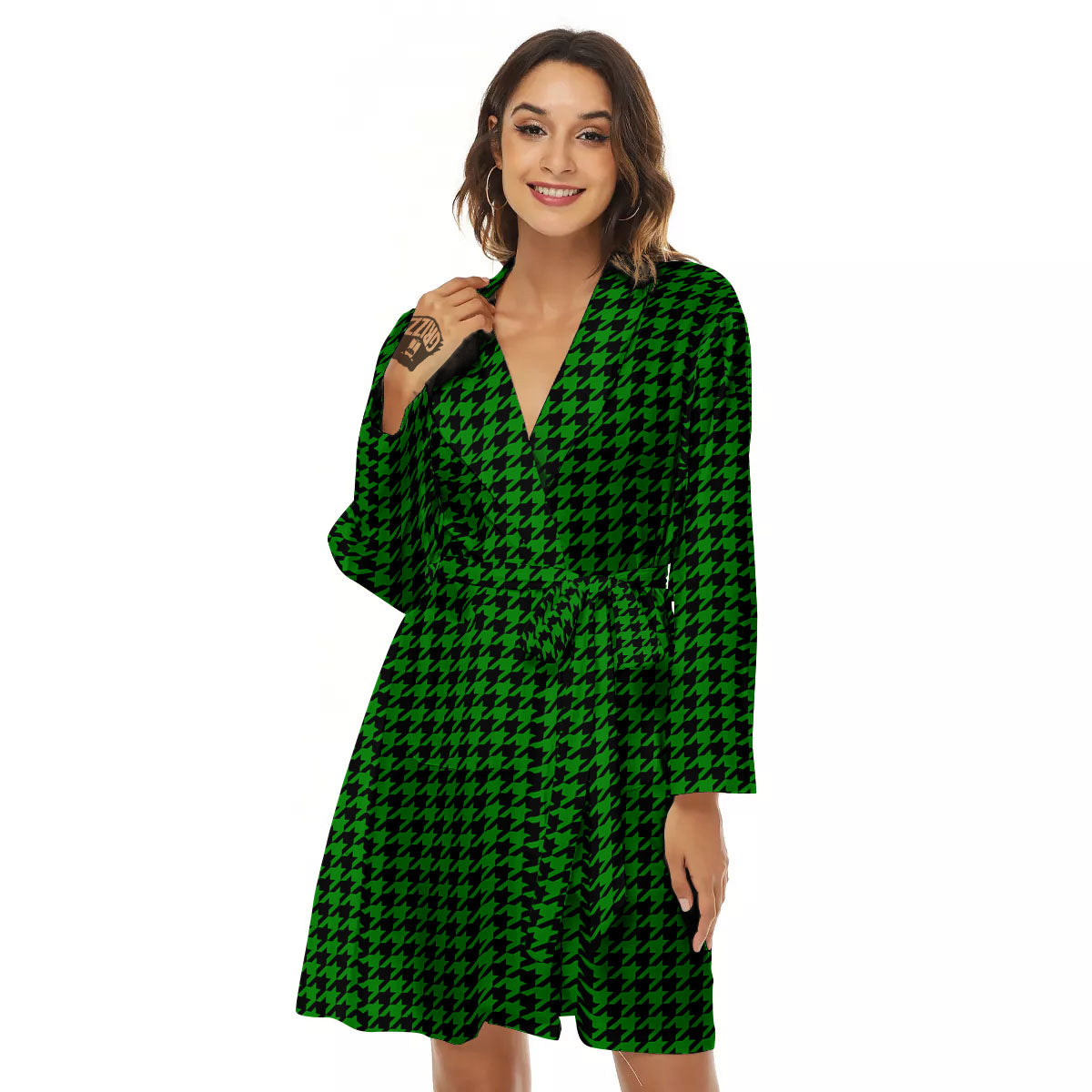 Houndstooth Deep Green Print Pattern Women's Robe-grizzshop