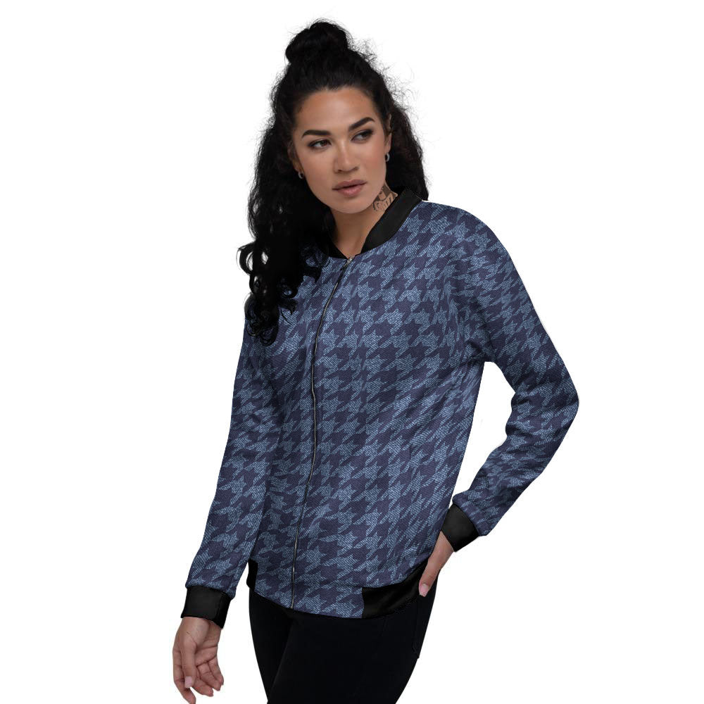 Houndstooth Denim Print Pattern Women's Bomber Jacket-grizzshop