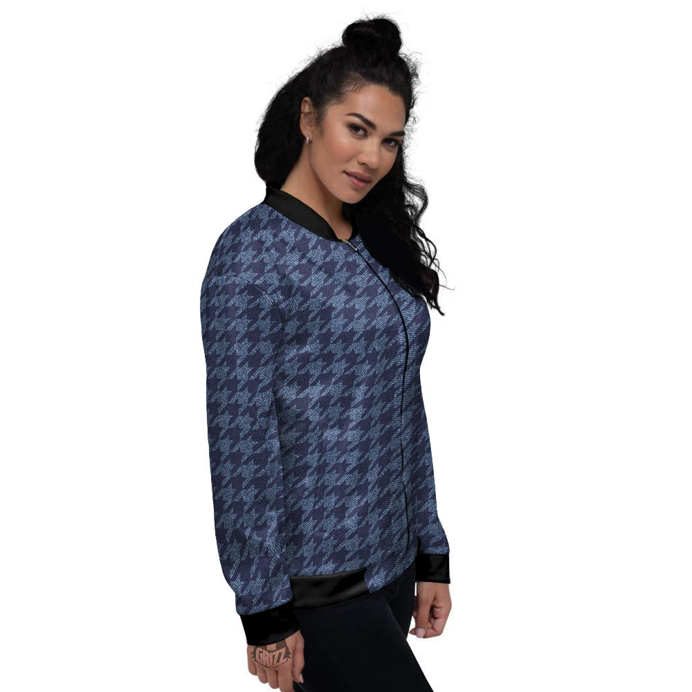 Houndstooth Denim Print Pattern Women's Bomber Jacket-grizzshop