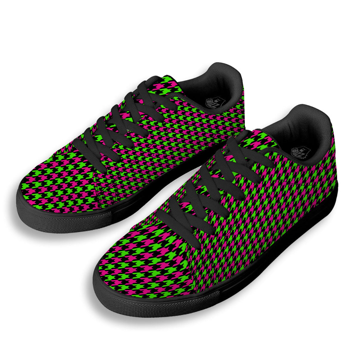 Houndstooth Green And Pink Print Pattern Black Low Top Sneakers-grizzshop