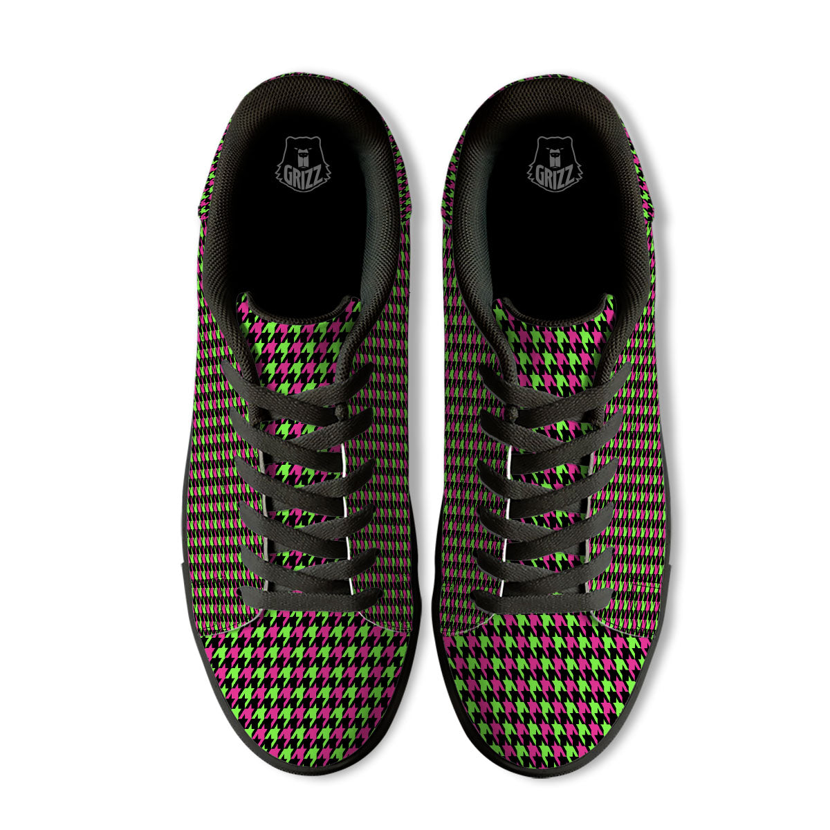 Houndstooth Green And Pink Print Pattern Black Low Top Sneakers-grizzshop