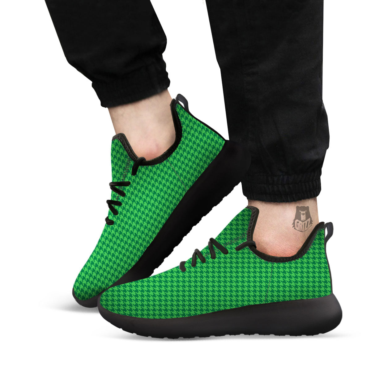 Houndstooth Green Print Pattern Black Athletic Shoes-grizzshop