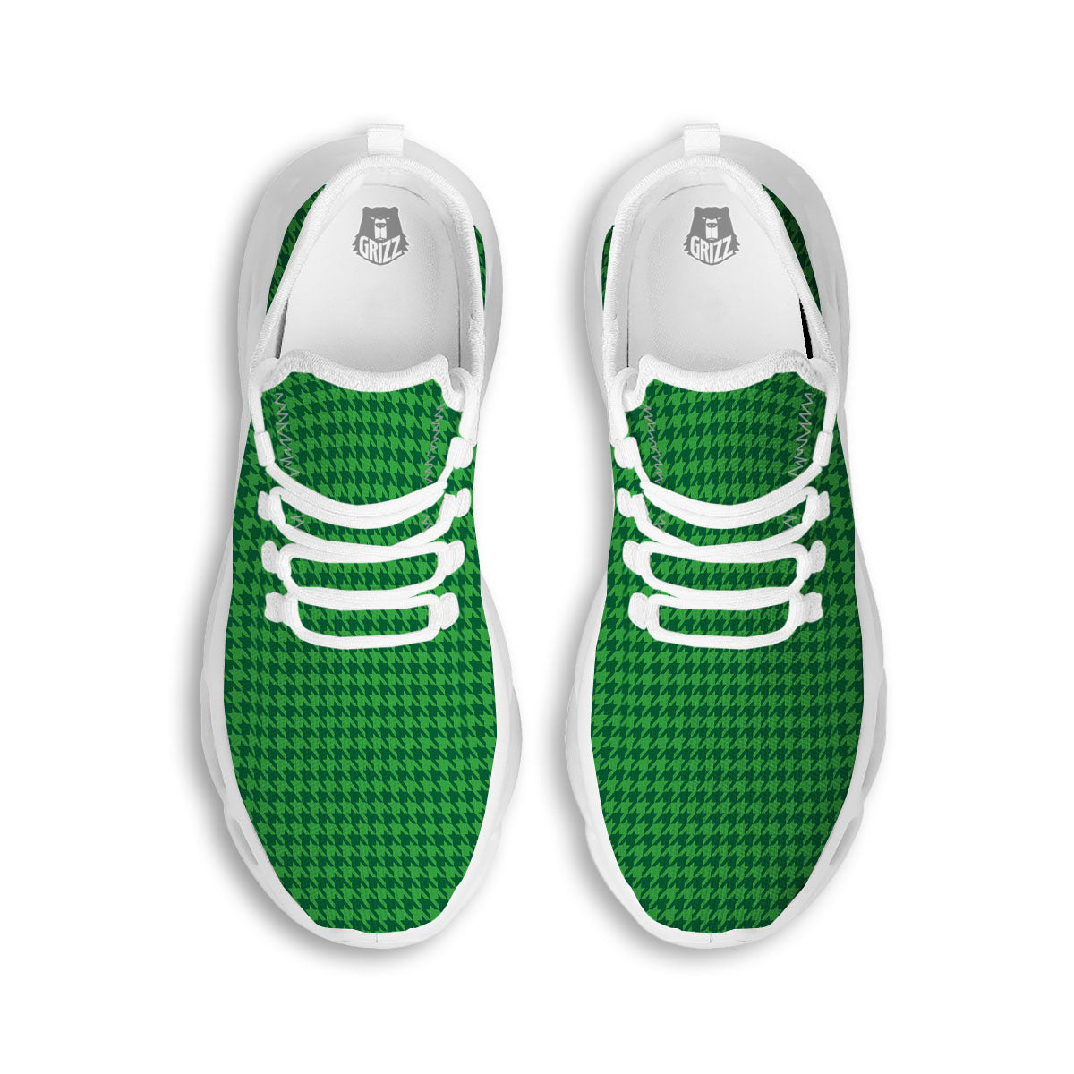 Houndstooth Green Print Pattern White Running Shoes-grizzshop
