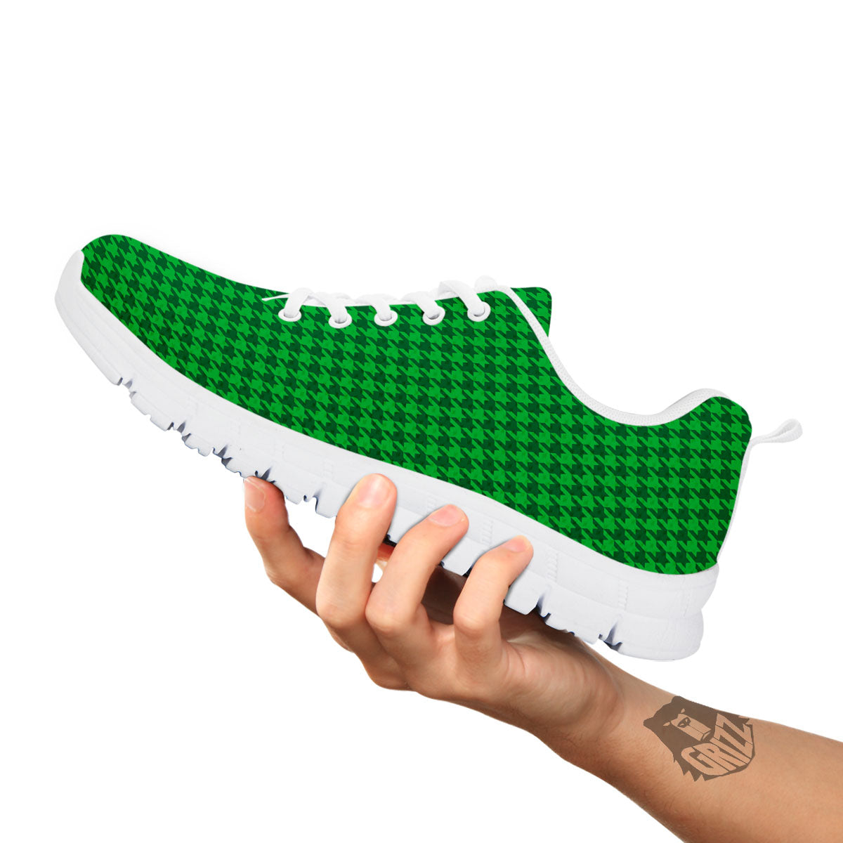 Houndstooth Green Print Pattern White Sneaker-grizzshop