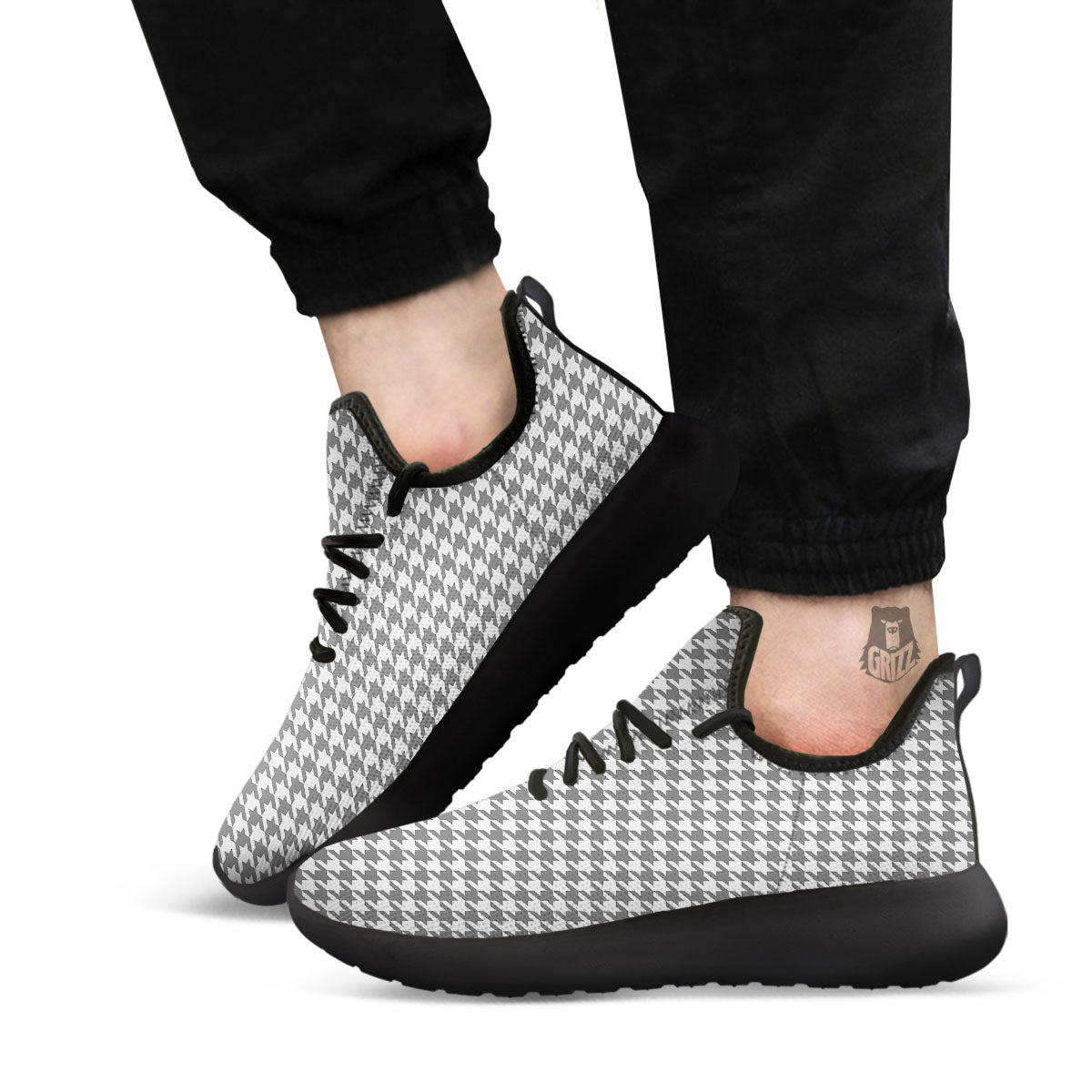Houndstooth Grey Print Pattern Black Athletic Shoes-grizzshop