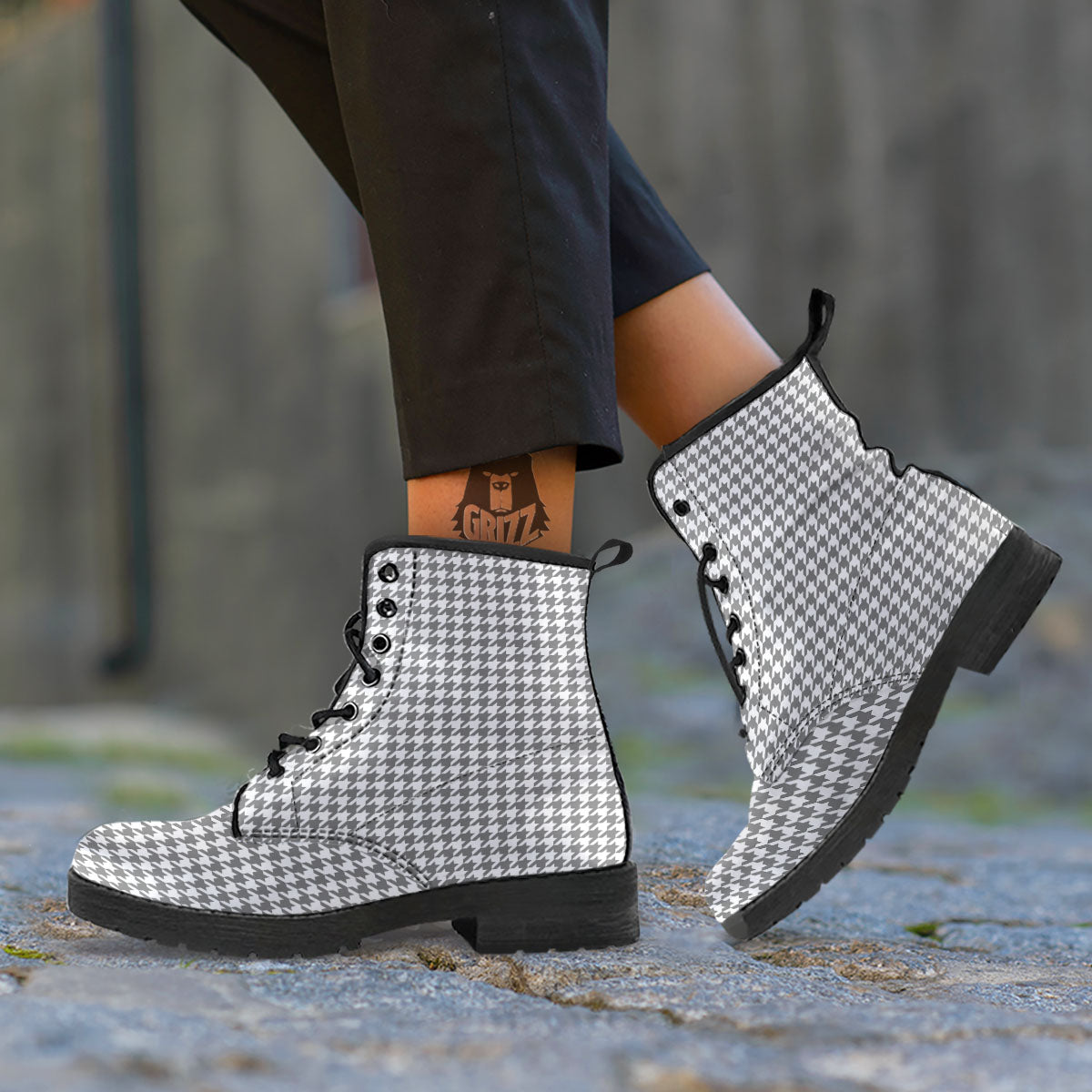 Houndstooth Grey Print Pattern Leather Boots-grizzshop