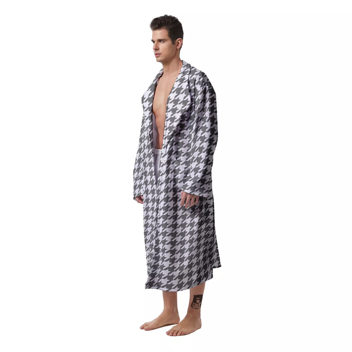 Houndstooth Grey Print Pattern Men's Robe-grizzshop