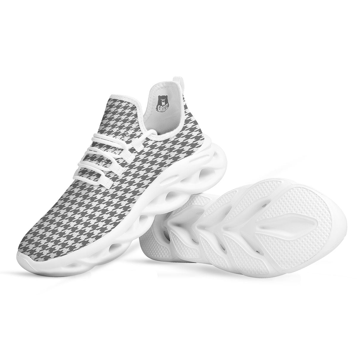 Houndstooth Grey Print Pattern White Running Shoes-grizzshop
