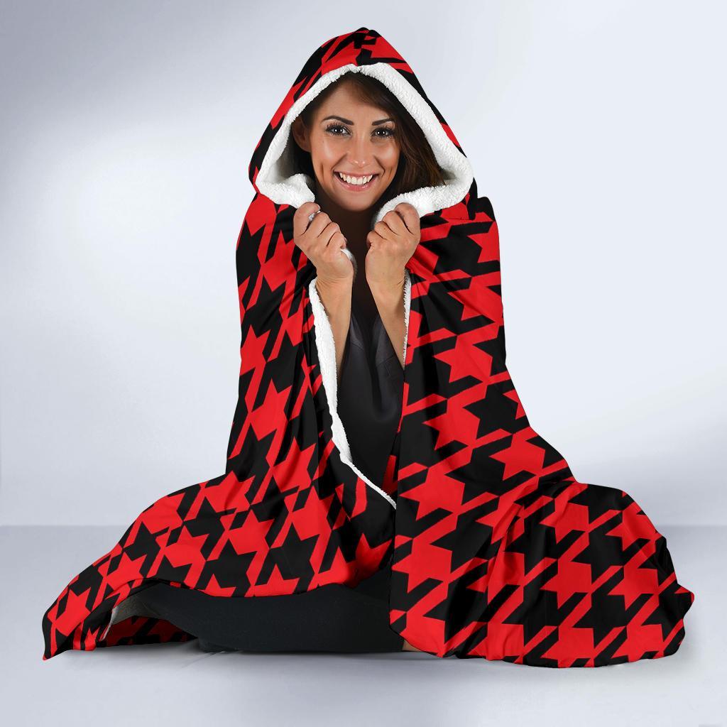 Houndstooth Pattern Print Hooded Blanket-grizzshop