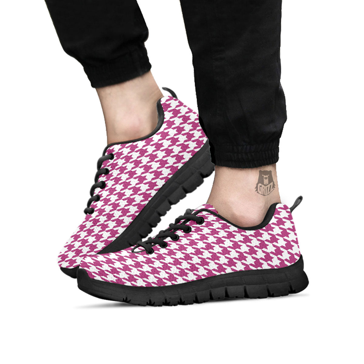 Houndstooth Pink Print Pattern Black Sneaker-grizzshop