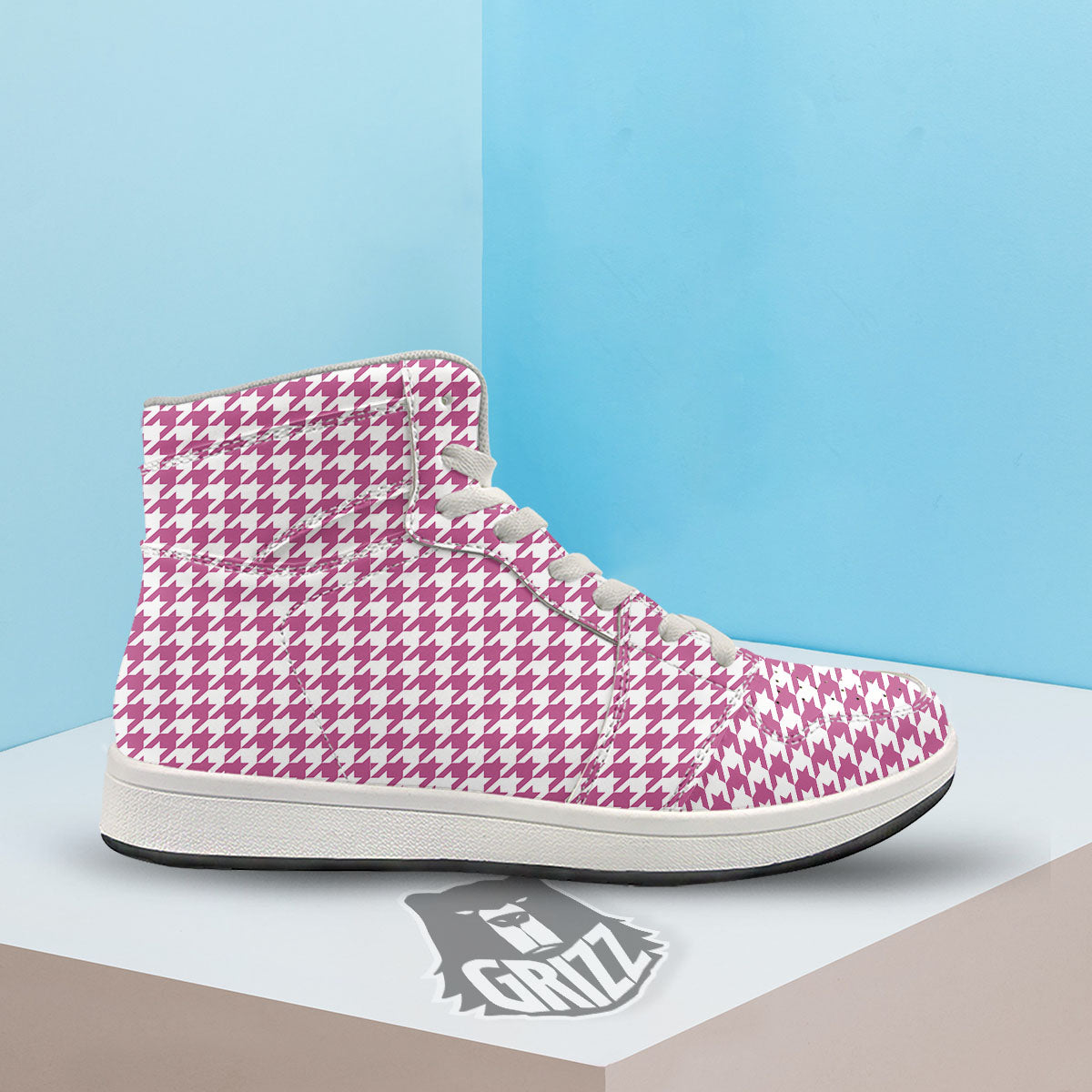 Houndstooth Pink Print Pattern High Top Sneakers-grizzshop