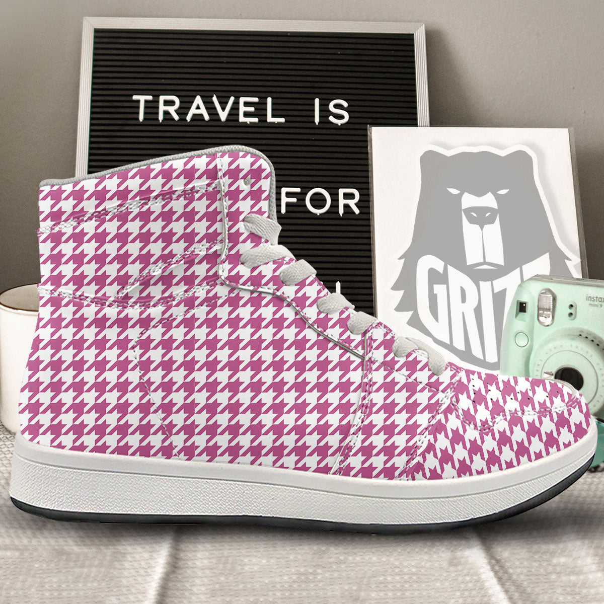 Houndstooth Pink Print Pattern High Top Sneakers-grizzshop
