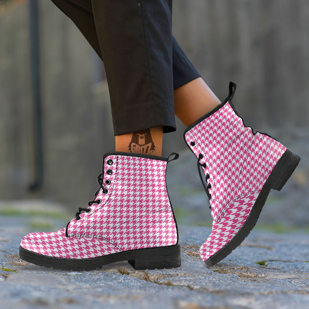 Houndstooth Pink Print Pattern Leather Boots-grizzshop