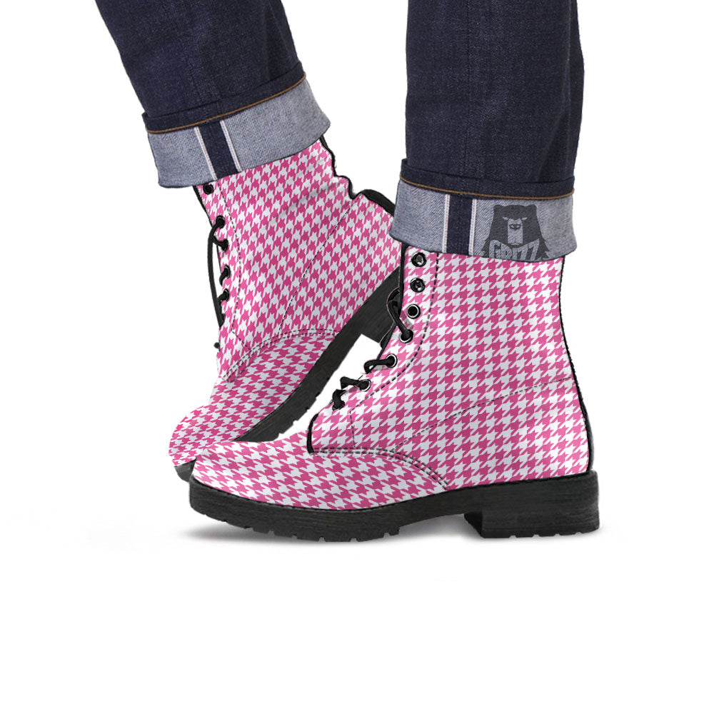 Houndstooth Pink Print Pattern Leather Boots-grizzshop