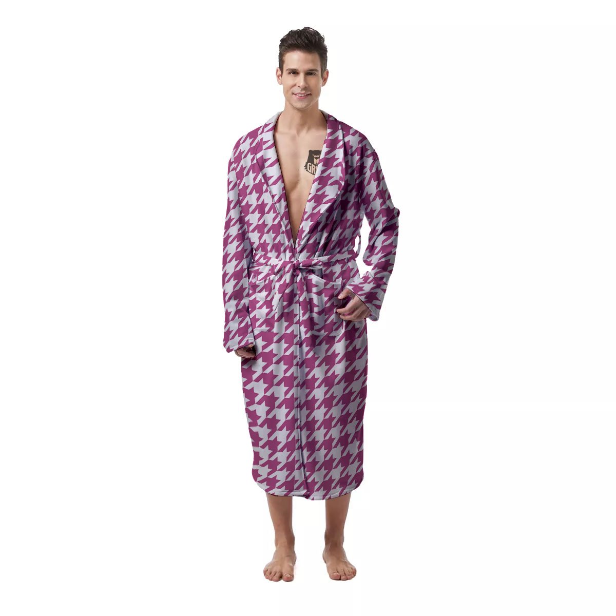 Houndstooth Pink Print Pattern Men's Robe-grizzshop