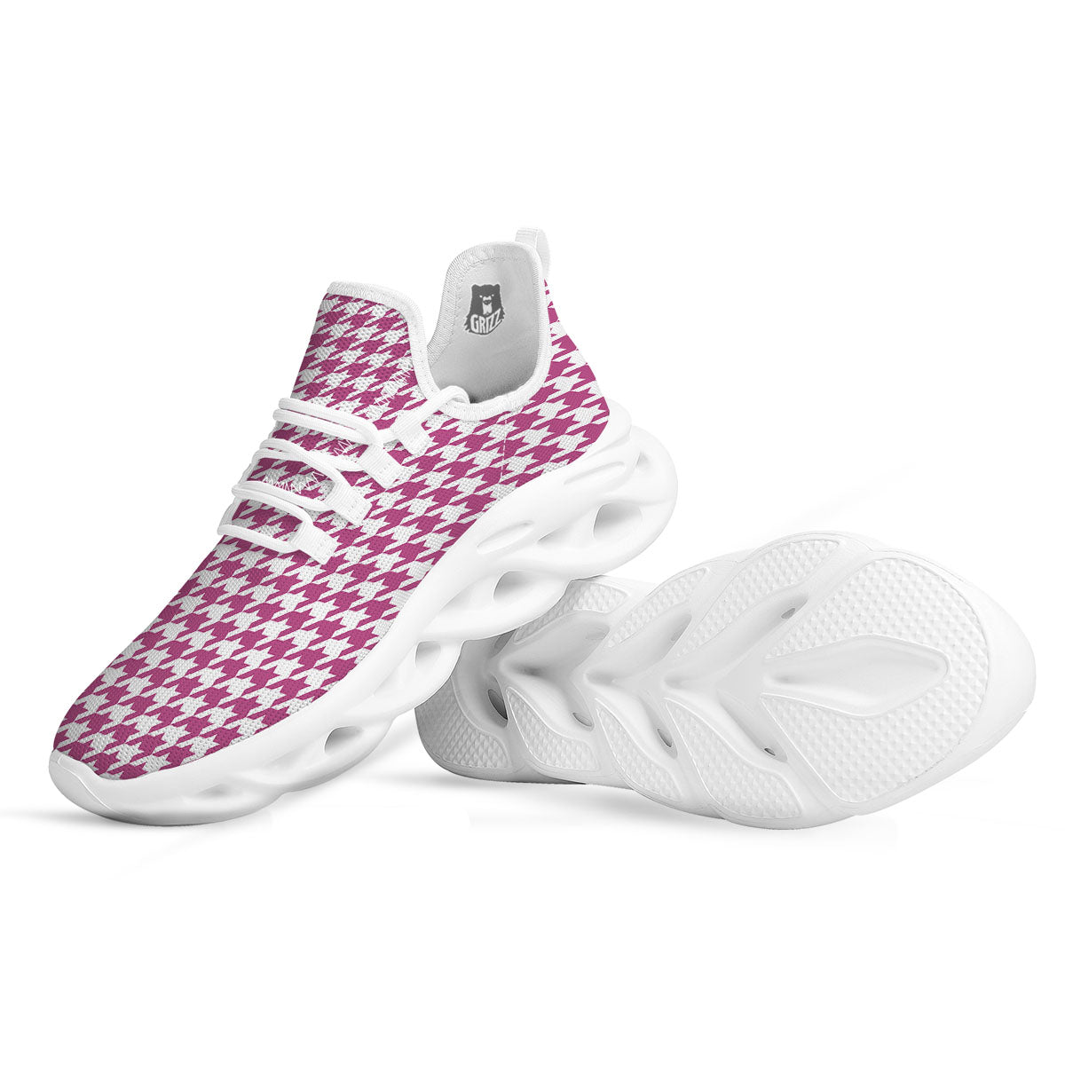 Houndstooth Pink Print Pattern White Running Shoes-grizzshop