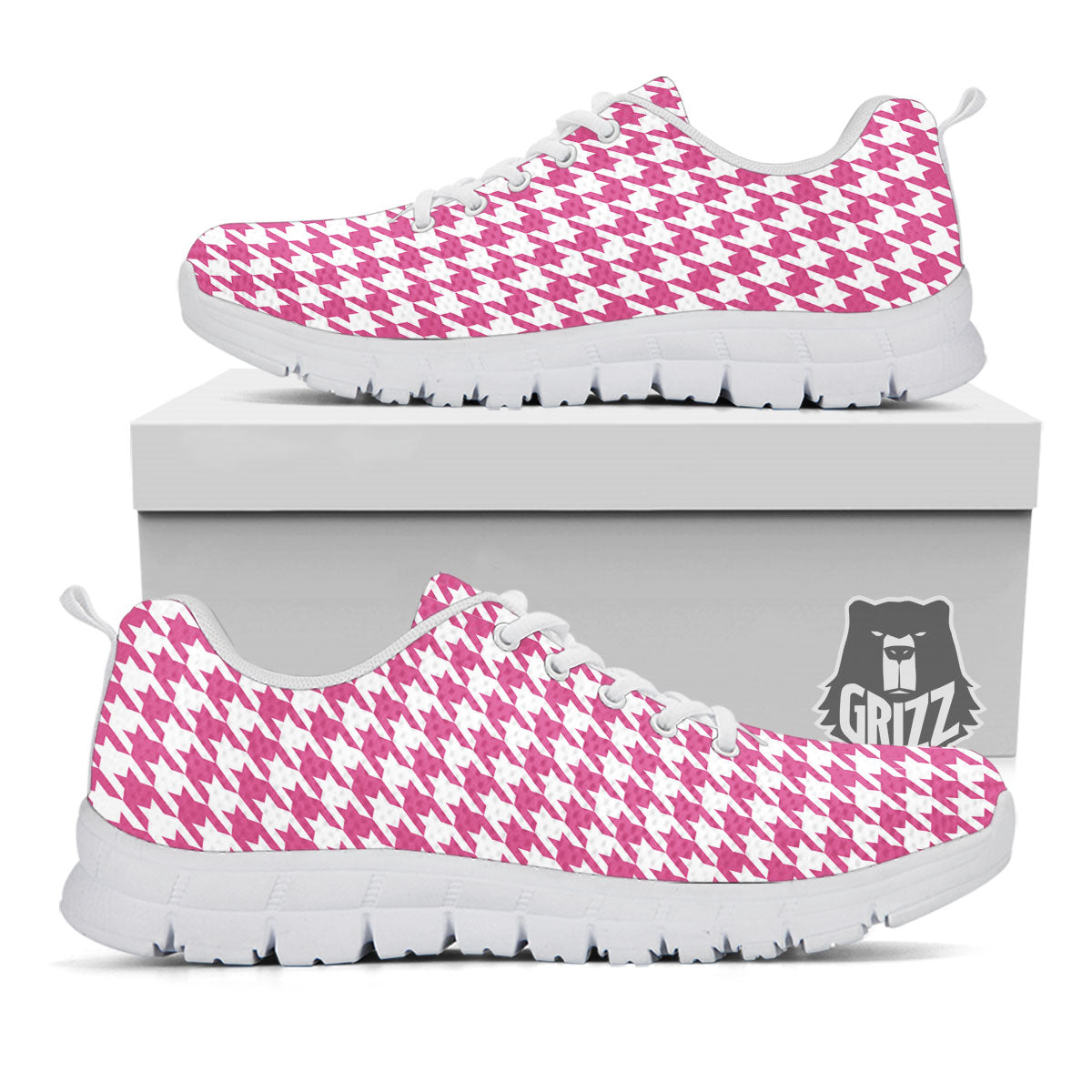 Houndstooth Pink Print Pattern White Sneaker-grizzshop