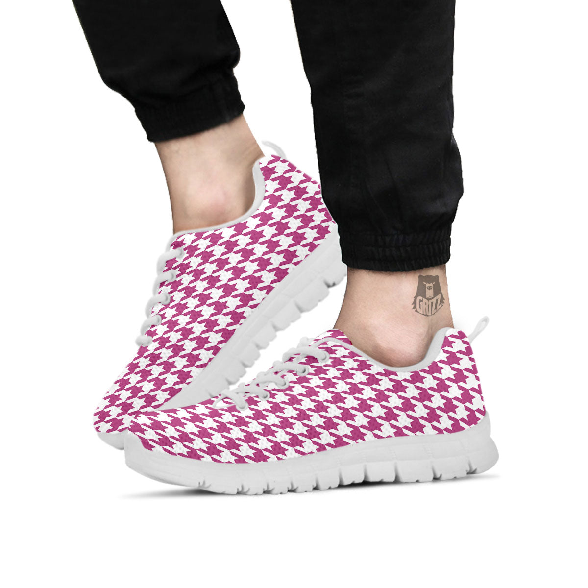 Houndstooth Pink Print Pattern White Sneaker-grizzshop