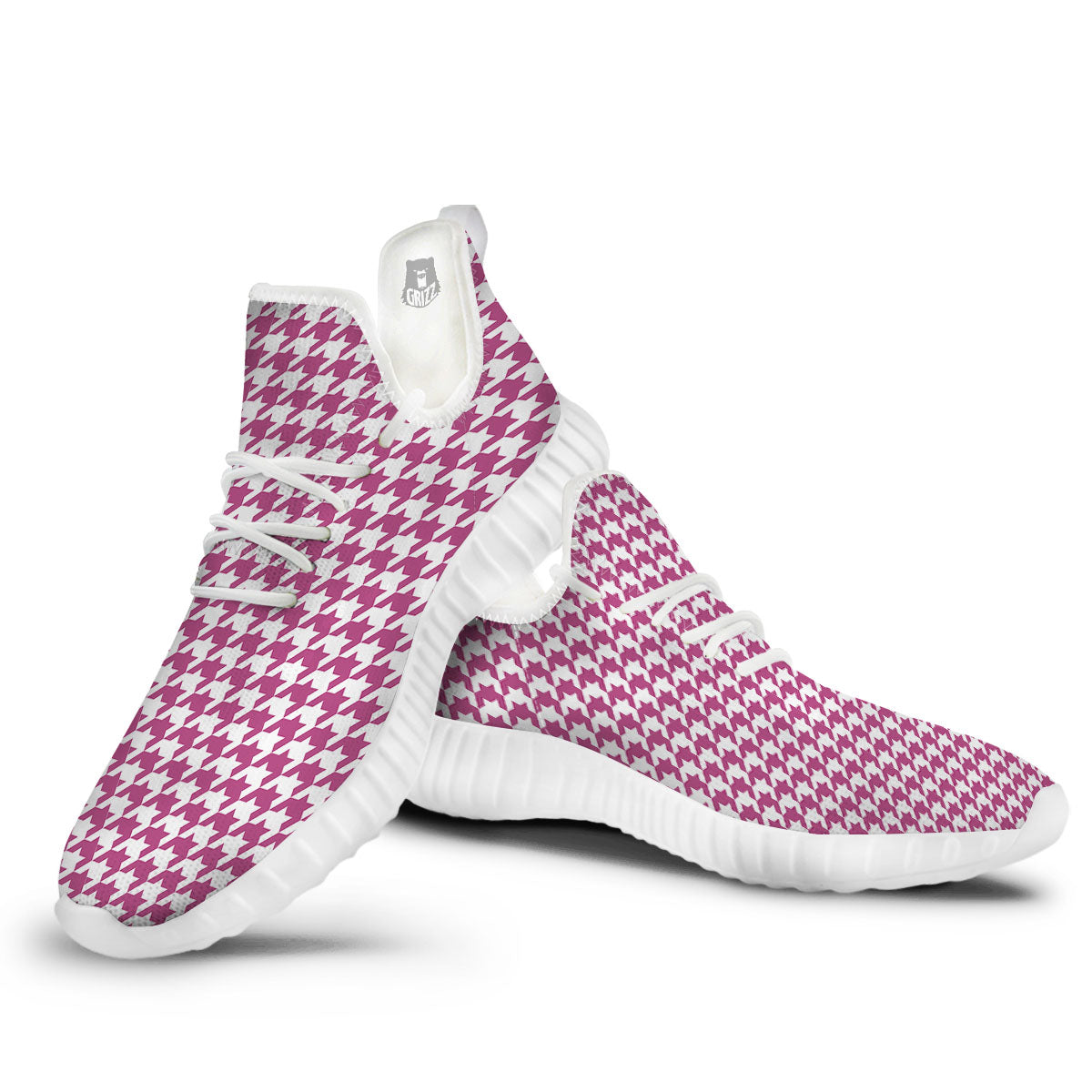 Houndstooth Pink Print Pattern White Walking Shoes-grizzshop