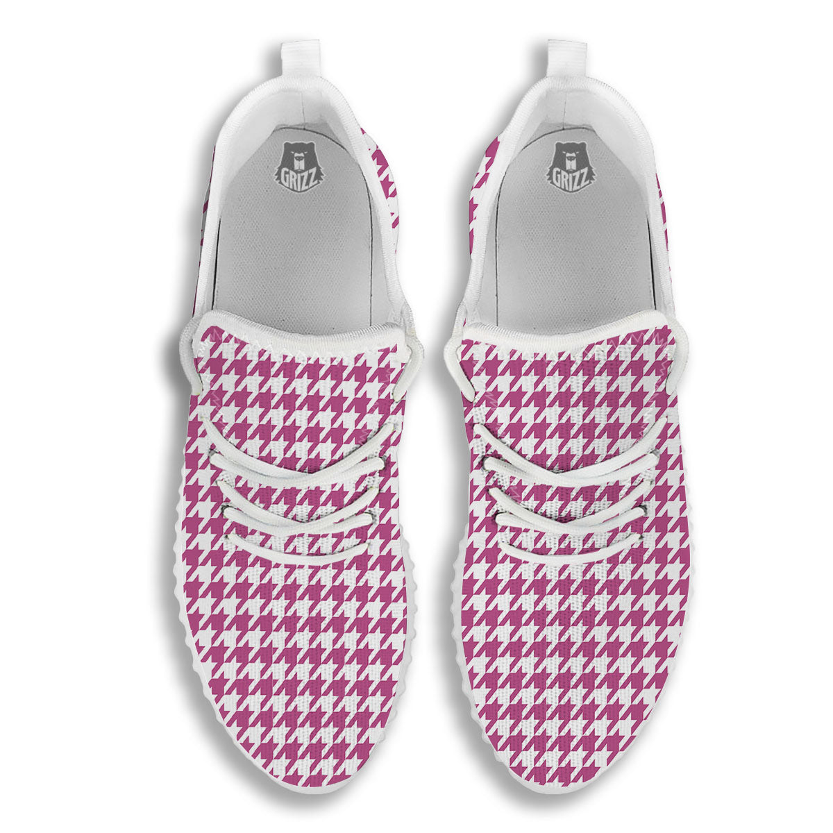 Houndstooth Pink Print Pattern White Walking Shoes-grizzshop