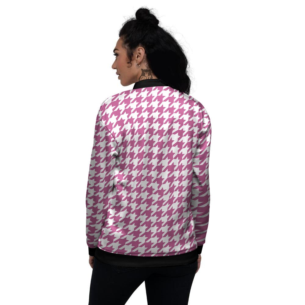 Houndstooth Pink Print Pattern Women's Bomber Jacket-grizzshop