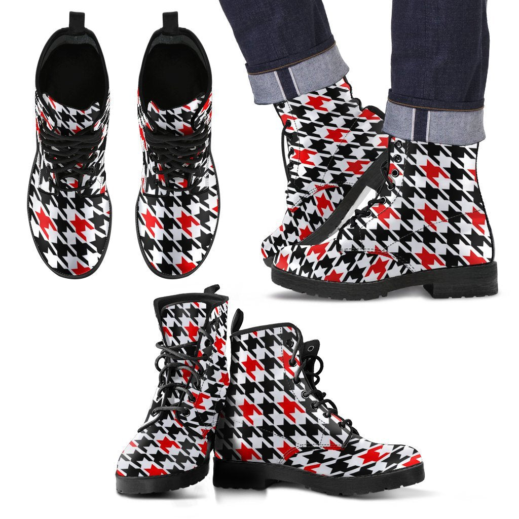 Houndstooth Print Pattern Men Woman Leather Boots-grizzshop