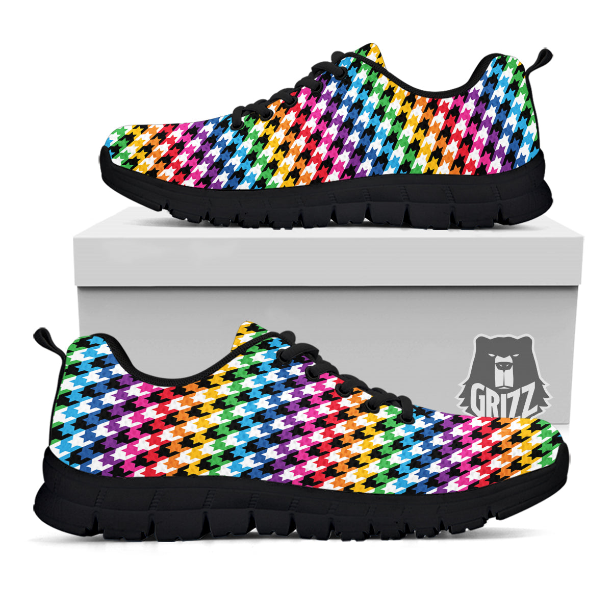 Houndstooth Rainbow Pride Print Pattern Black Sneaker-grizzshop